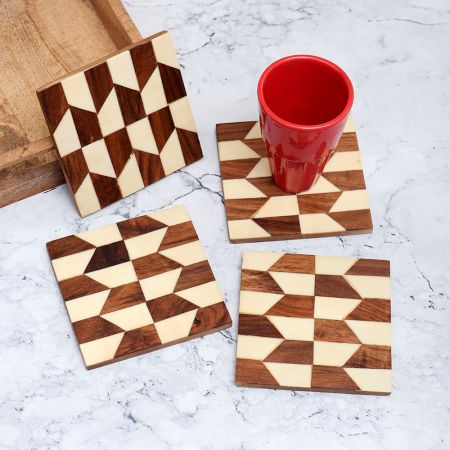 Modern Brown and White Pattern Wooden Coasters - Pack of 4
